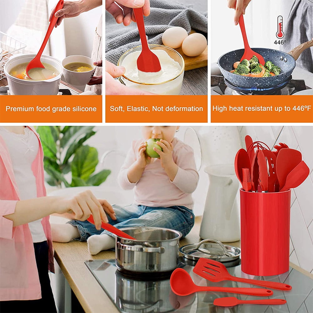 Durable Steel 14 Pcs Cooking Utensils Set with Holder, Heat Resistant Silicone Kitchen Cookware Utensils Set, Kitchen Cooking Tools... - Multi-Purpose Hand Tool for Daily Meal Prep Detail