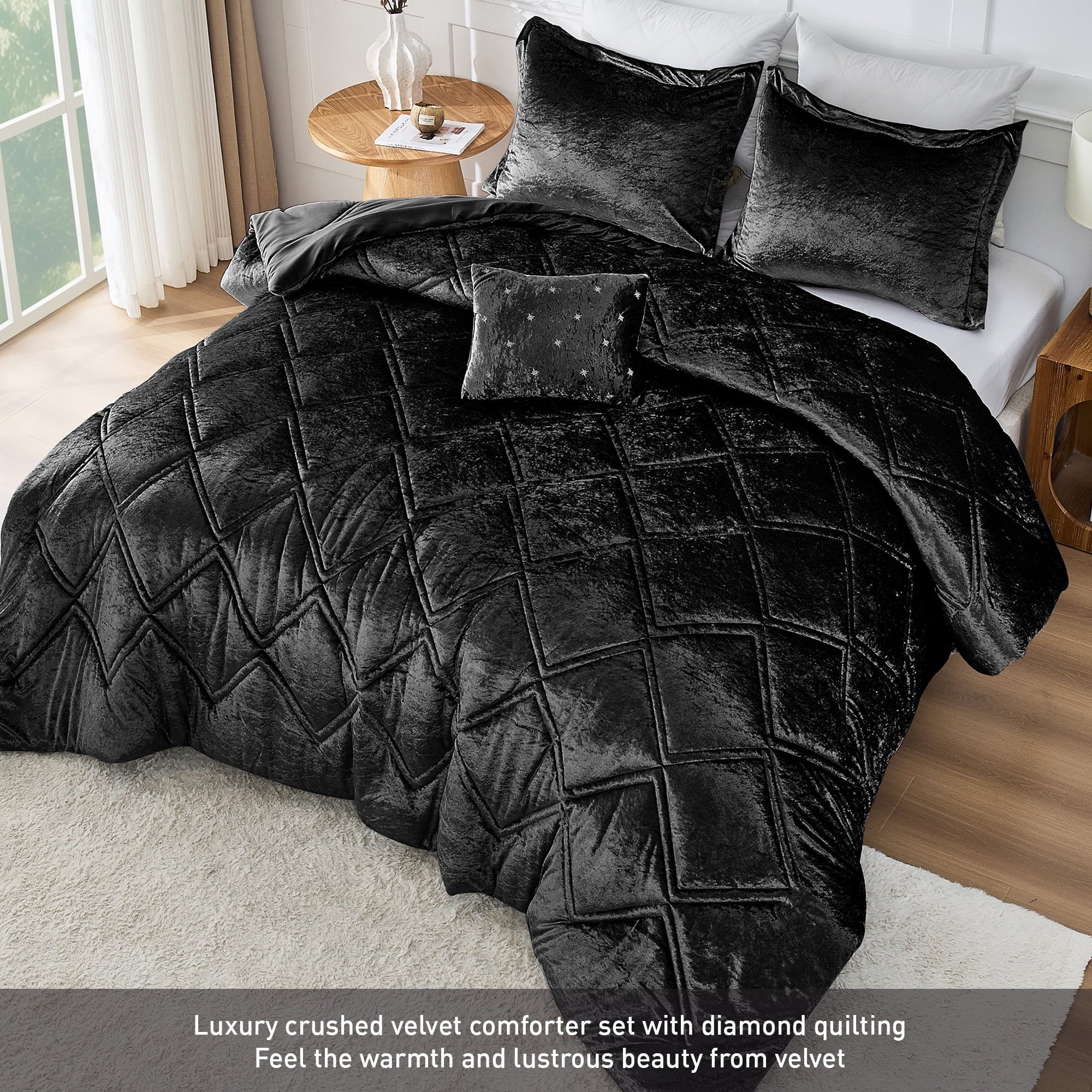 Heavyweight Warmth King/Cal King Size Comforter Sets, Velvet Bedding Comforter Set for All Seasons, Black Bedding Set with Decor Pillow - All-Season Down Alternative Comforter Insert Detail