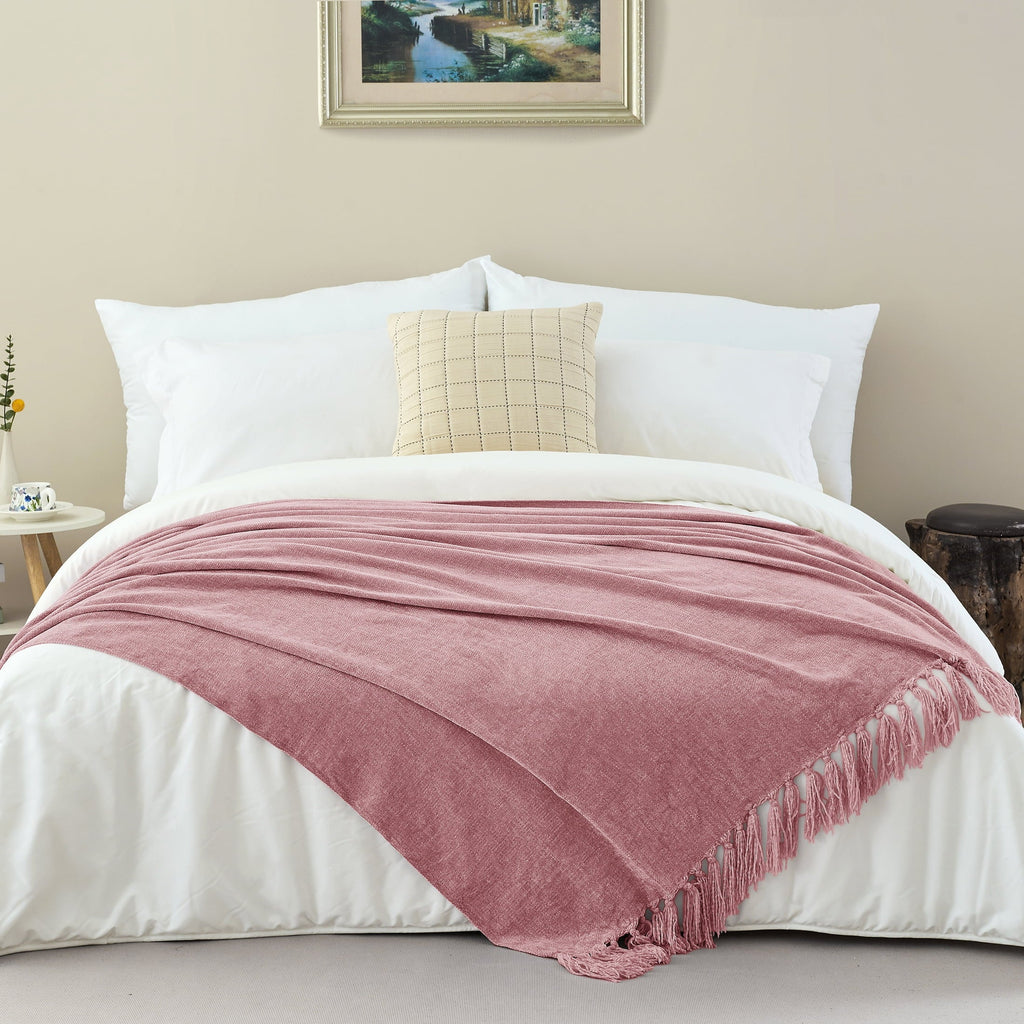 Reversible Sherpa Chenille Throw Blanket with Fringe Tassel for Couch Sofa Chair Bed, Mauve 50" X 70" - Luxury Knitted Decorative Throw Blanket with Fringes Detail