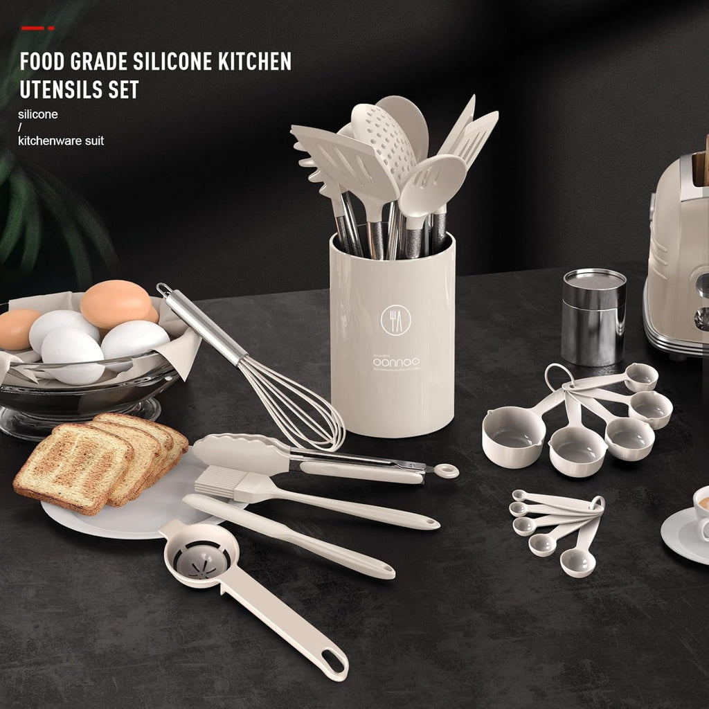 Heat-Resistant Large Silicone Cooking Utensils Set - Heat Resistant Kitchen Utensils,Turner Tongs,Spatula,Spoon,Brush,Whisk,Stainles... - Durable Turner & Ladle Utensil Set for Home Chefs Detail
