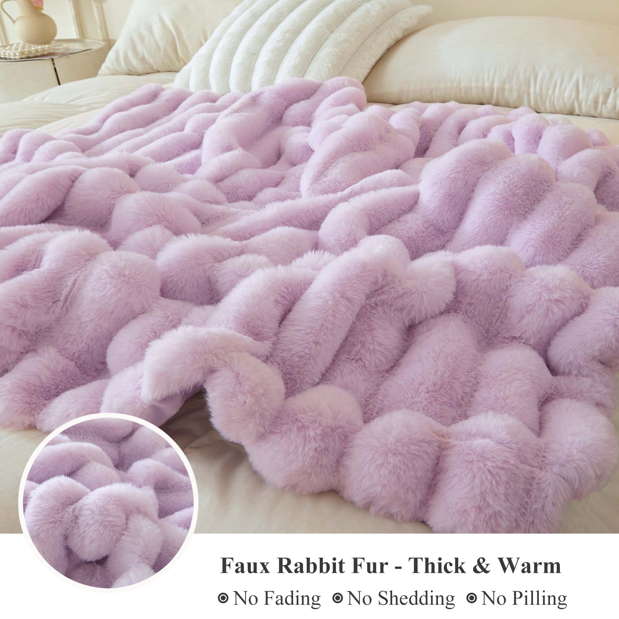 Decorative Knitted Fluffy Faux Rabbit Fur Throw, Cozy Wide Stripe Plush Fuzzy Blanket for Bed Couch Sofa Chair, Light Purple Shaggy Thro... - Lightweight Plush Warm Blanket for All Seasons Detail