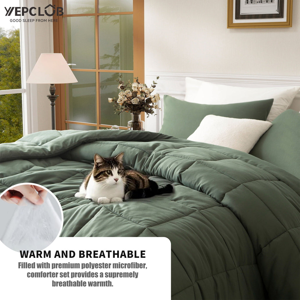 All-Season 3-Piece Twin Size Comforter Set, Green Down Alternative Reversible Bedding Set, All-Season Quilted Soft Comforter wit... - All-Season Down Alternative Comforter Insert Detail