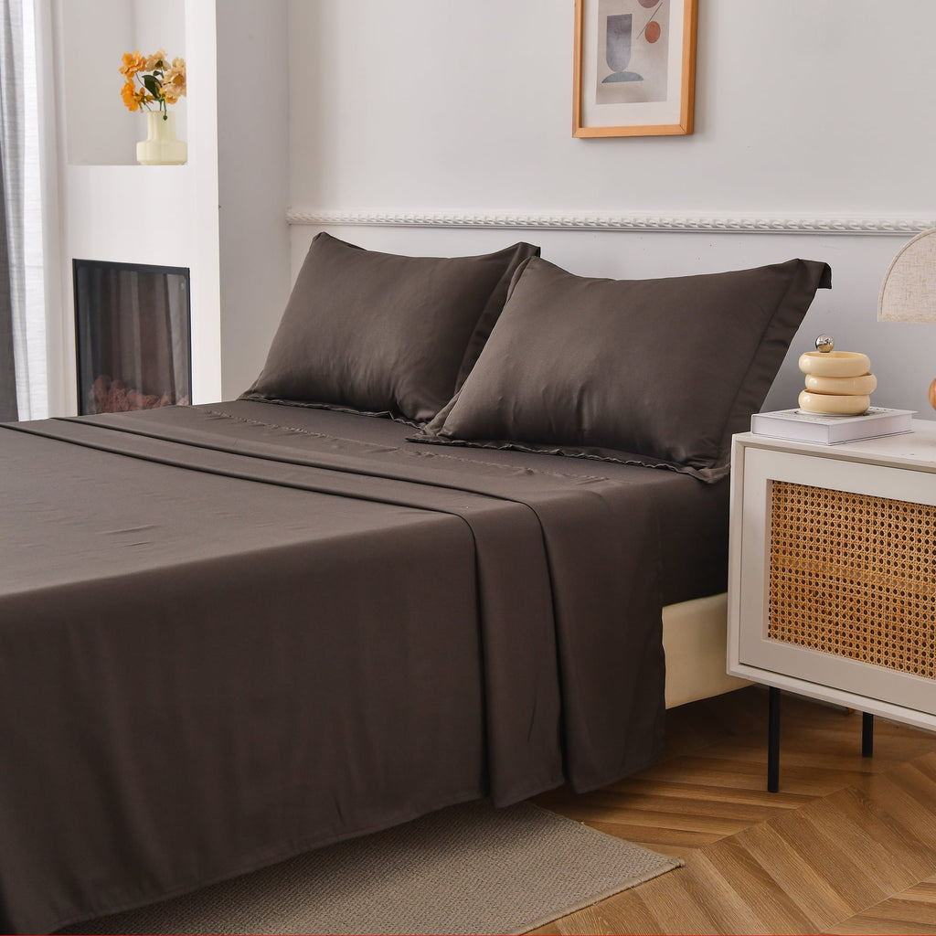 Cooling Sateen Bed Sheets Set 4 Piece Queen/Full Sheet Set Brown Gray Cotton Blend Fitted Sheet, Flat Sheet & 2 Pillowcases Bedding Set - Luxury Bed Sheet Set with Deep Pockets Detail