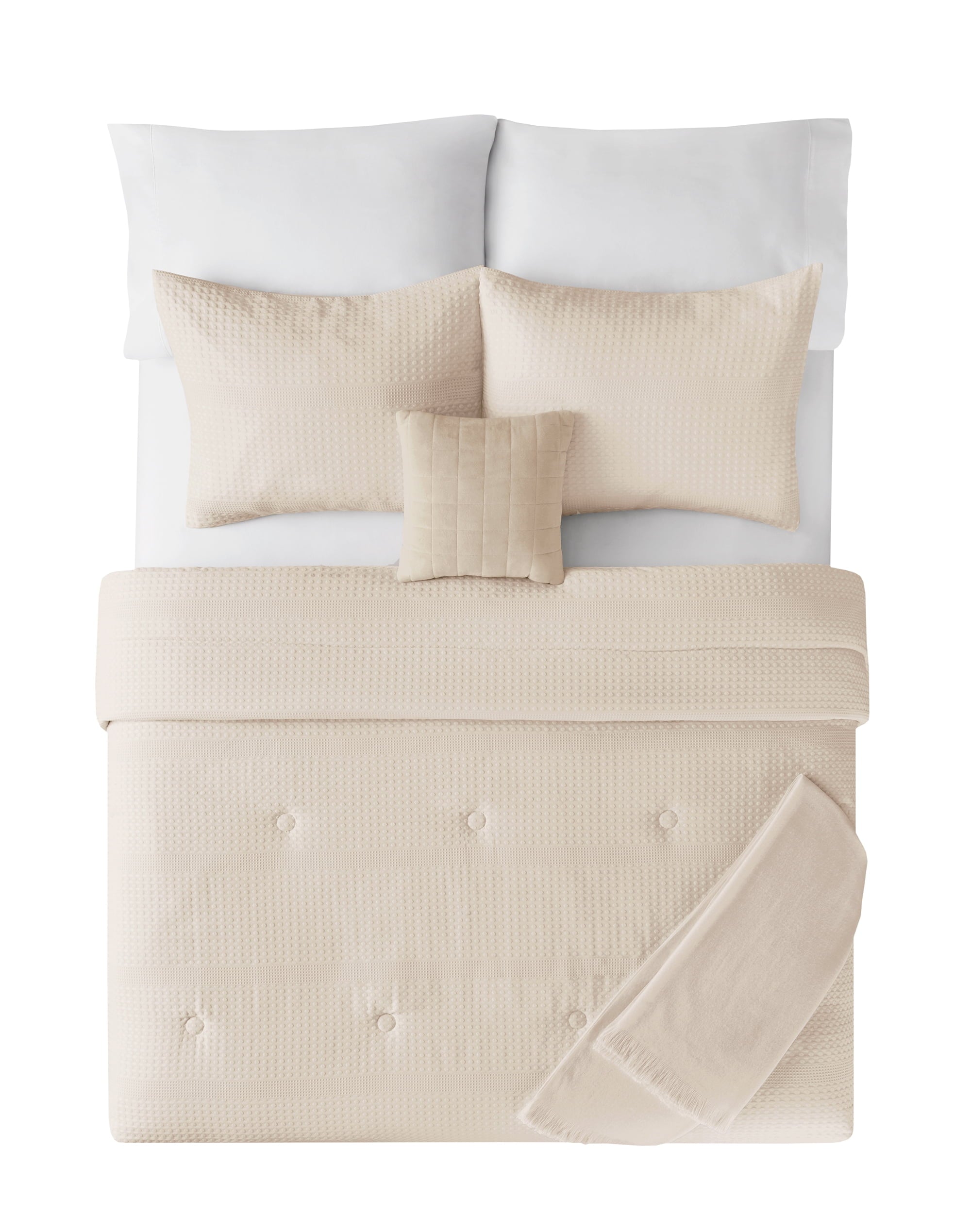 Heavyweight Warmth 5-Piece Papyrus Beige Waffle Comforter Set, Full/Queen - All-Season Down Alternative Comforter Insert Detail