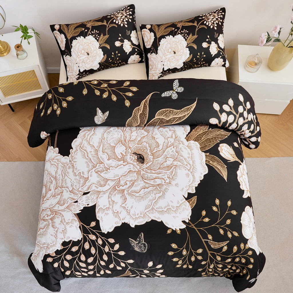 Hypoallergenic Cloud Black Floral Comforter Set Queen, Printed Comforter White Flowers Butterfly Bedding Set, 3 Pieces Botanical Reversibl... - Hypoallergenic Ultra-Fluffy Quilt for Winter Detail