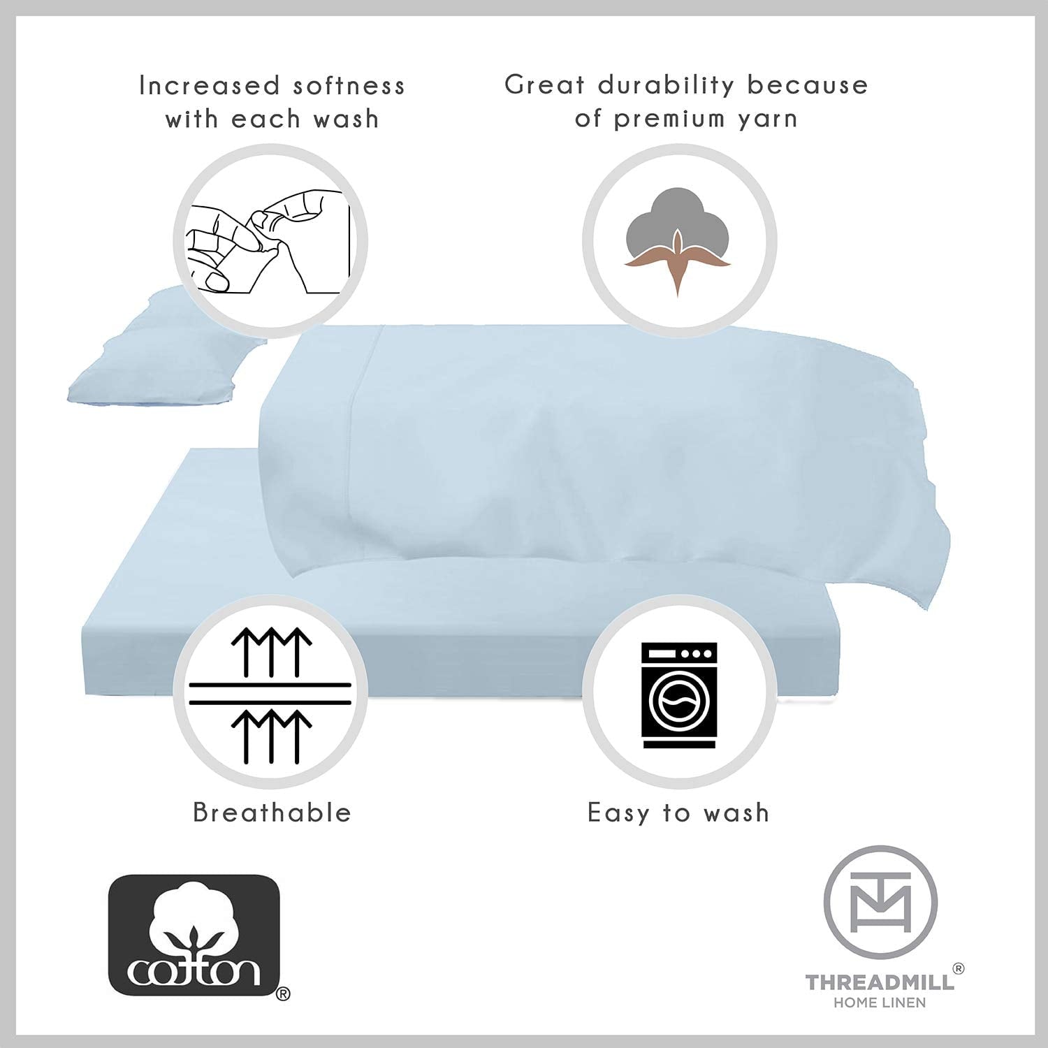 Breathable Luxury 100% Cotton King Bed Sheets Set - 4-Piece, 300 Thread Count, Lightweight Sateen, Light Blue - Breathable Egyptian Cotton Flat & Fitted Sheets Detail