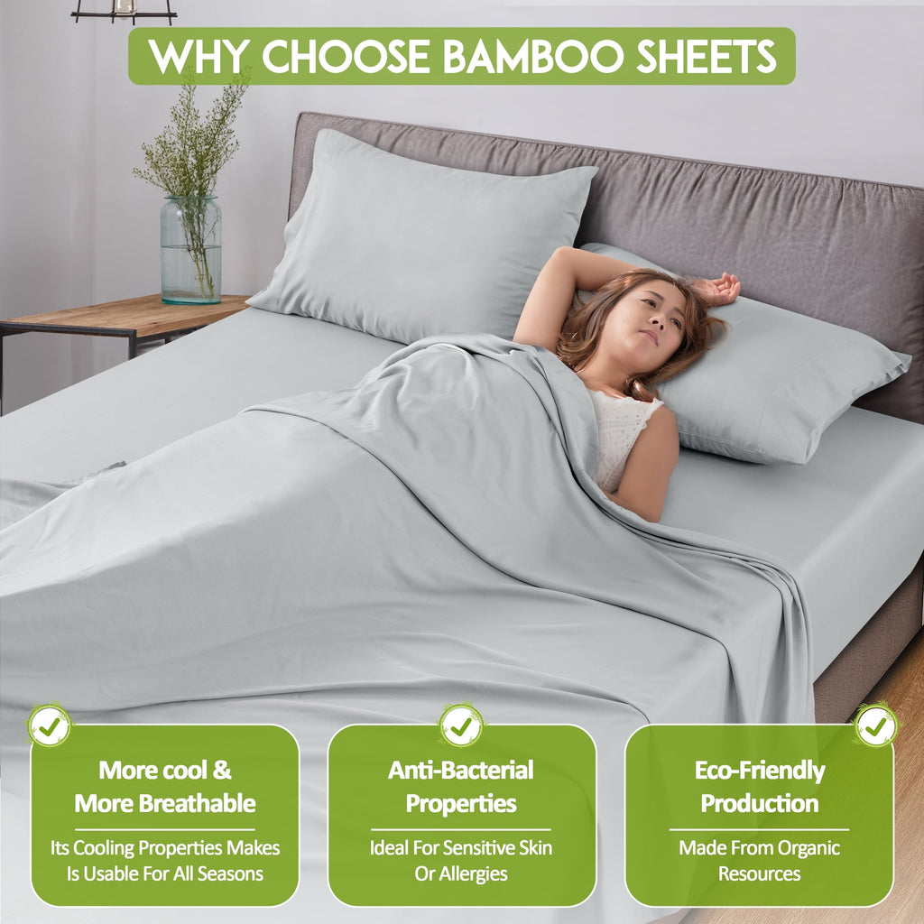 Ultra-Soft Rayon - 4 Piece Cooling Bed Sheets Set, Gray - Premium Ultra-Soft Pillowcase Pair for Sleeping Detail
