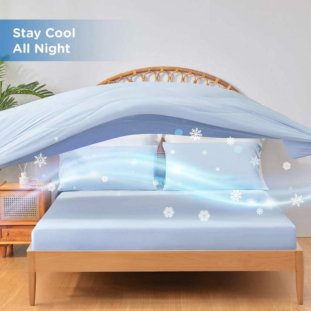 Cooling Sateen Full/QueenSize Sheet Set, 3 Piece Cooling Bed Sheet with Deep Pocket for Hot Sleepers, Ice Blue - Cooling Hotel Quality Bedding Sheets and Pillowcases Detail