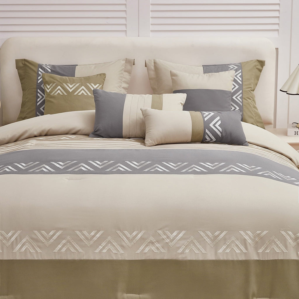 Luxurious Quilted 7 Piece Embroidery Design Bed-in-a-Bag, Taupe Queen Size Ultra Soft Comforter Set for Adults - Luxurious Quilted Duvet Cover Set Detail