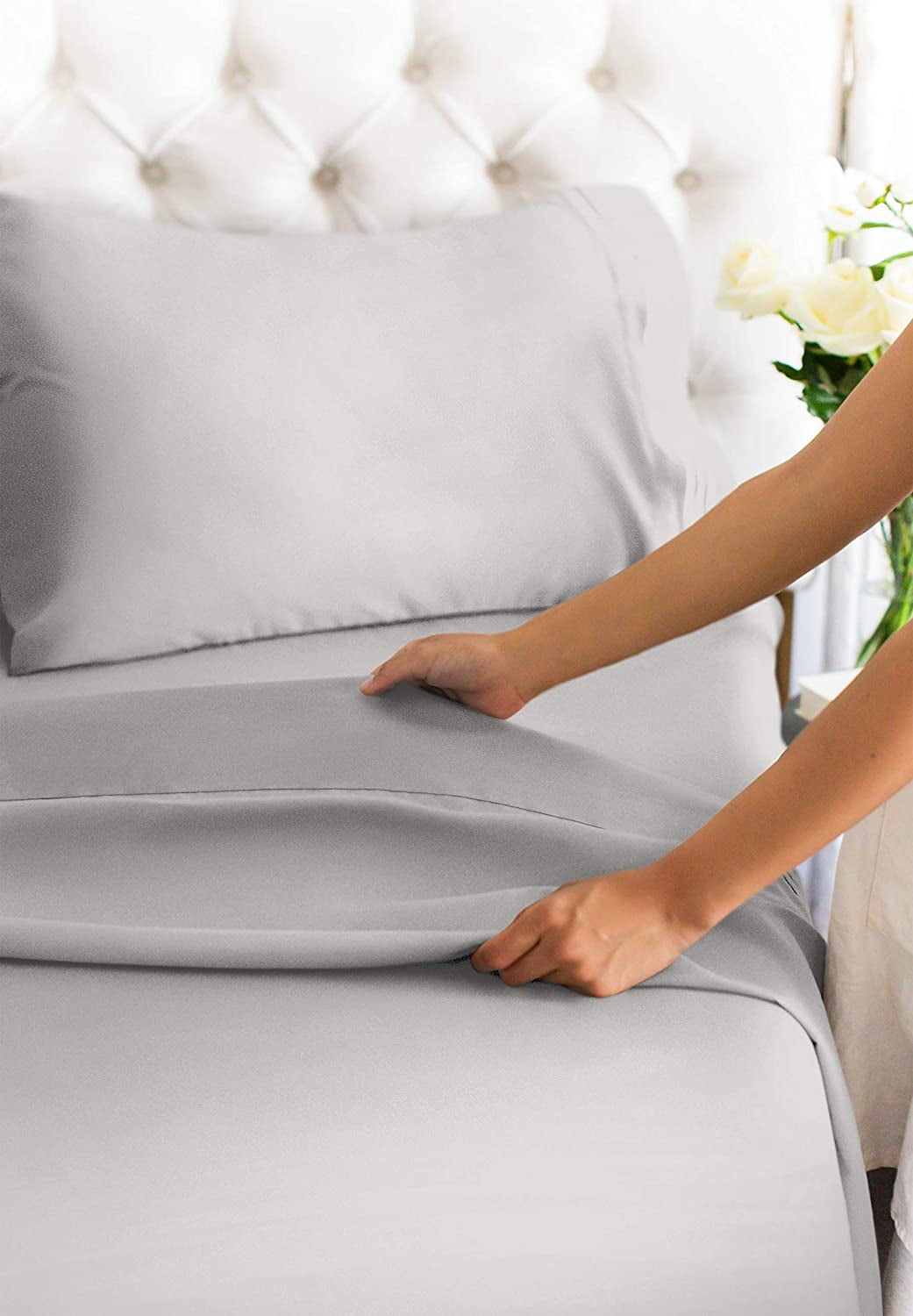 Wrinkle-Resistant 4-Piece 400 Thread Count Cotton Sheet Set - King Size 100% Cotton Sateen Bed Sheets Fits 18"-24" Mattresse... - Premium Ultra-Soft Pillowcase Pair for Sleeping Detail