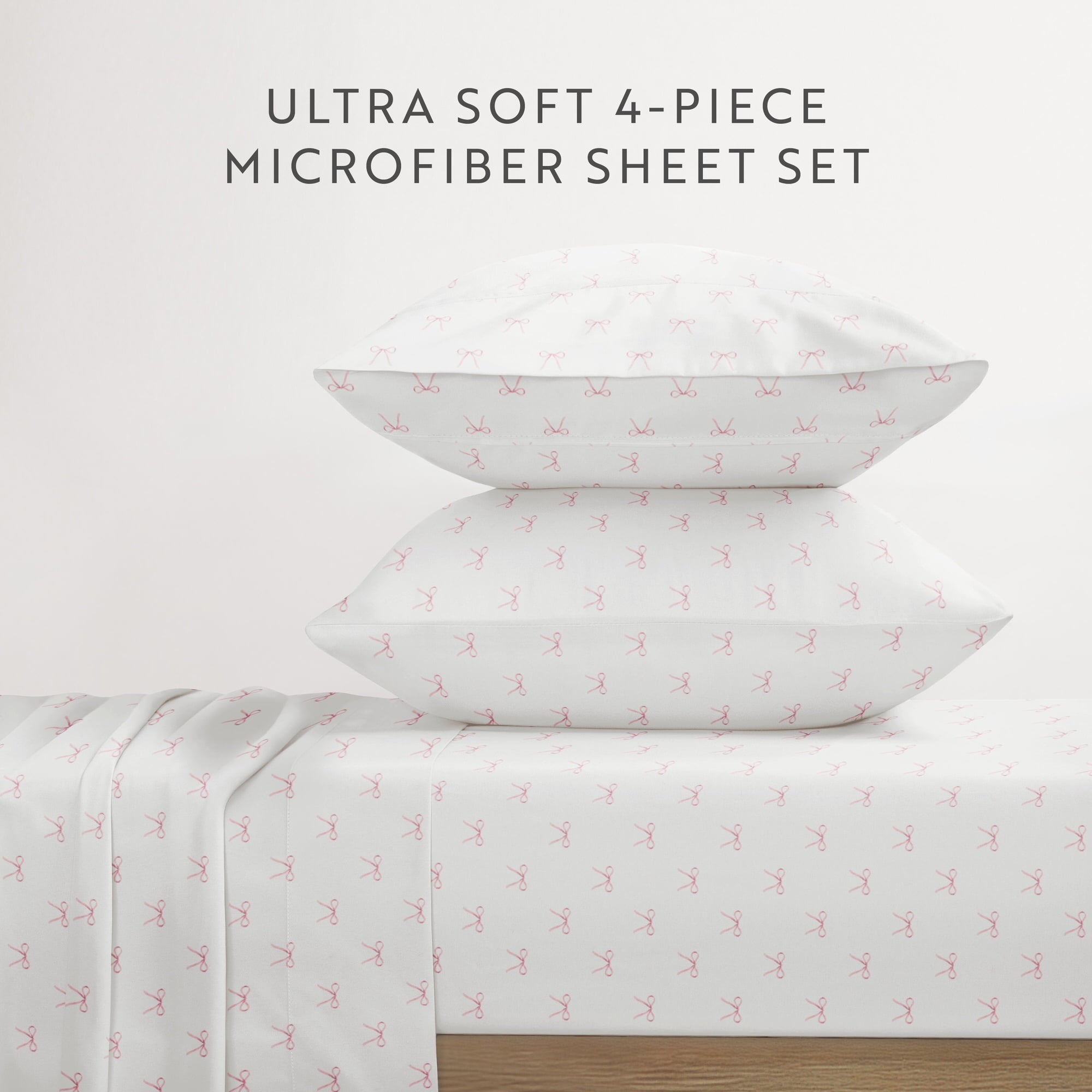 Premium Egyptian Cotton 3 Piece Ditsy Pattern Microfiber Bed Sheets, Pink Bows, Twin-XL - Breathable Egyptian Cotton Flat & Fitted Sheets Detail