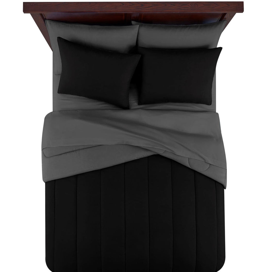 Luxurious Quilted 7 Piece Reversible Bed in a Bag Comforter Set with Sheets, Black, King - All-Season Down Alternative Comforter Insert Detail