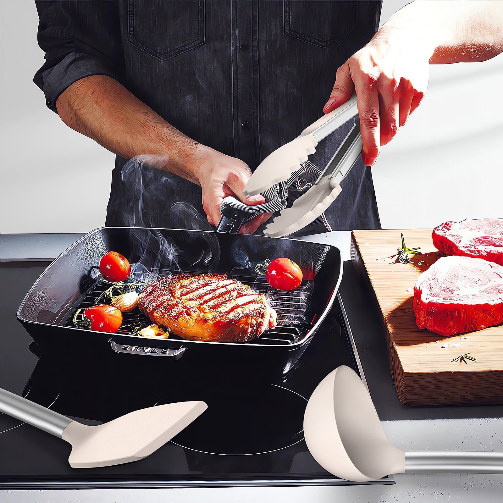 Durable Steel Silicone Cooking Utensils Set - Heat Resistant Silicone Kitchen Utensils for Cooking, Kitchen Utensil Spatula Set,BPA... - Multi-Purpose Hand Tool for Daily Meal Prep Detail