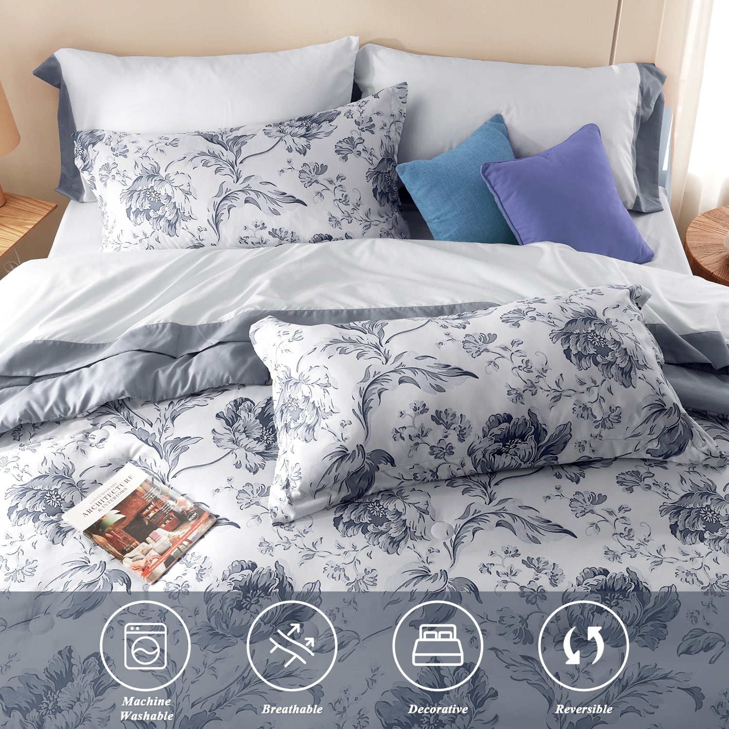 Luxurious Quilted Queen Comforter Sets,7-Pieces Reversible Bedding Sets,Bed in a Bag with Comforter,Flat Sheet and Fitted Sheet,Pillowc... - All-Season Down Alternative Comforter Insert Detail