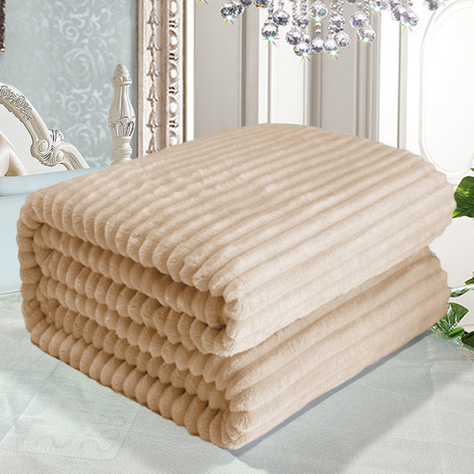 Cozy Fleece Extra Large Throw Blanket for Couch Home Office Hotel 100% Cotton Super Soft Blanket for Adult 47"x70" Khaki - Lightweight Plush Warm Blanket for All Seasons Detail