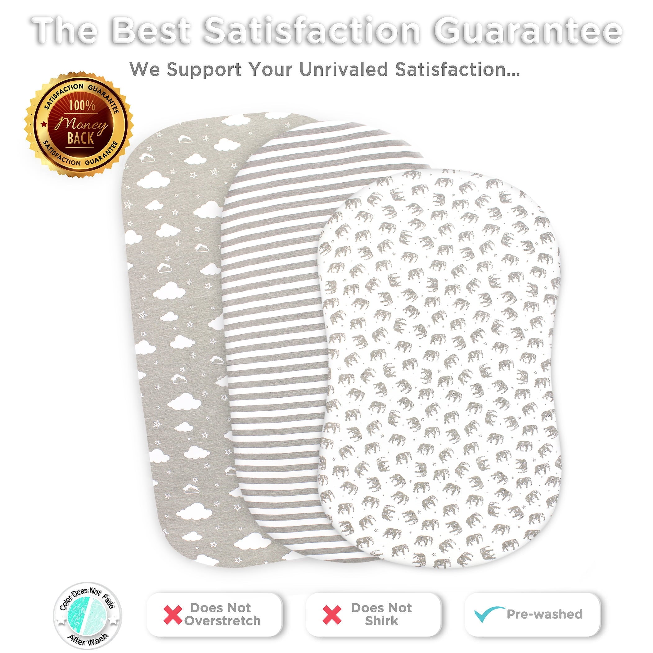 Wrinkle-Resistant 3-Piece 30 Thread Count Gray Jersey Cotton Bed Sheet Set, Bassinet - Breathable Egyptian Cotton Flat & Fitted Sheets Detail