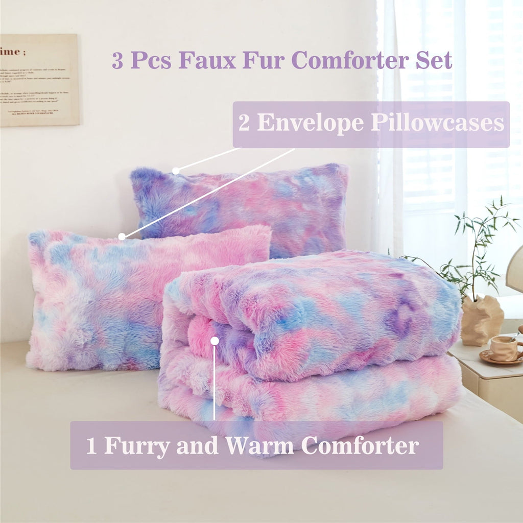Heavyweight Warmth Faux Rabbit Fur Comforter Set Twin 3Pcs Girls Blue Purple Bedding Set Tie-Dyeing Soft Bed Comforter Set Warm Fuzzy Ki... - All-Season Down Alternative Comforter Insert Detail
