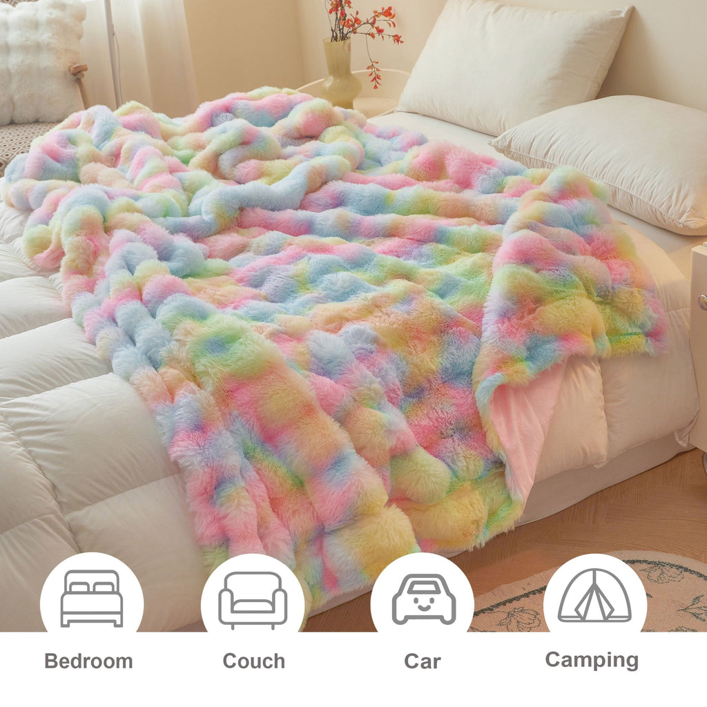 Lightweight Warm Fluffy Faux Rabbit Fur Bubble Throw, Rainbow Plush Shaggy Blanket for Couch Sofa Chair, Soft Tie Dye Furry Blanket Ad... - Cozy Fleece Throw Blanket for Couch & Bed Detail
