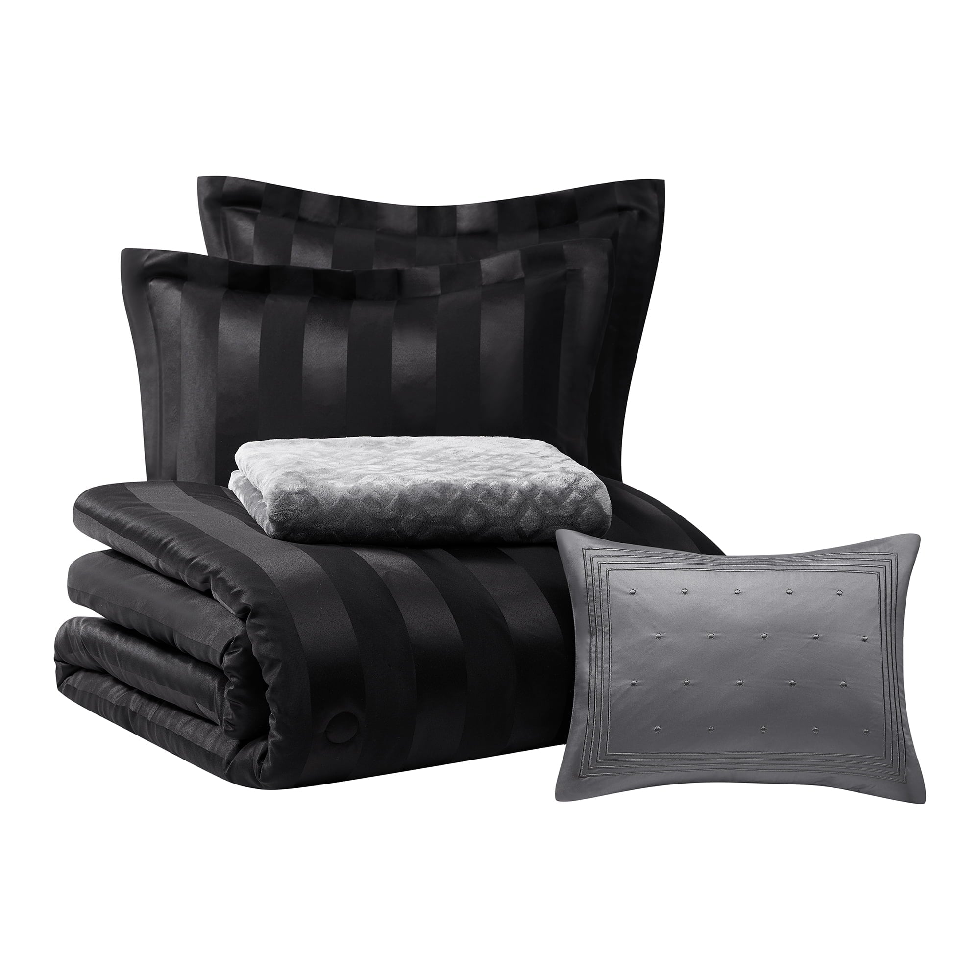 Heavyweight Warmth Rich Black 5 Piece Damask Stripe Comforter Set, King, Adult, Unisex - Hypoallergenic Ultra-Fluffy Quilt for Winter Detail