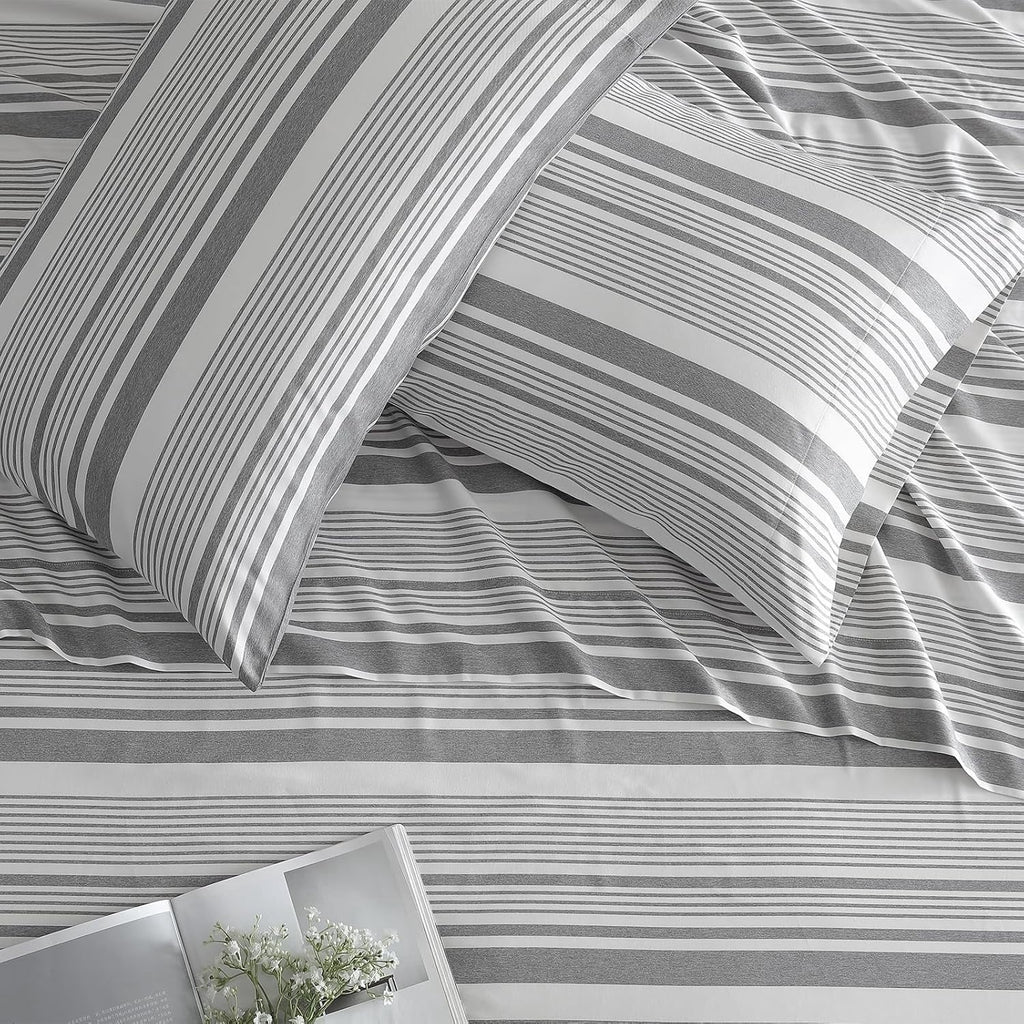 Cooling Sateen Home 3-Piece Twin Microfiber Classic Stripe Bed Sheet Set, Super Soft, Breathable Stripe Bedding with 16 inches Deep ... - Breathable Egyptian Cotton Flat & Fitted Sheets Detail