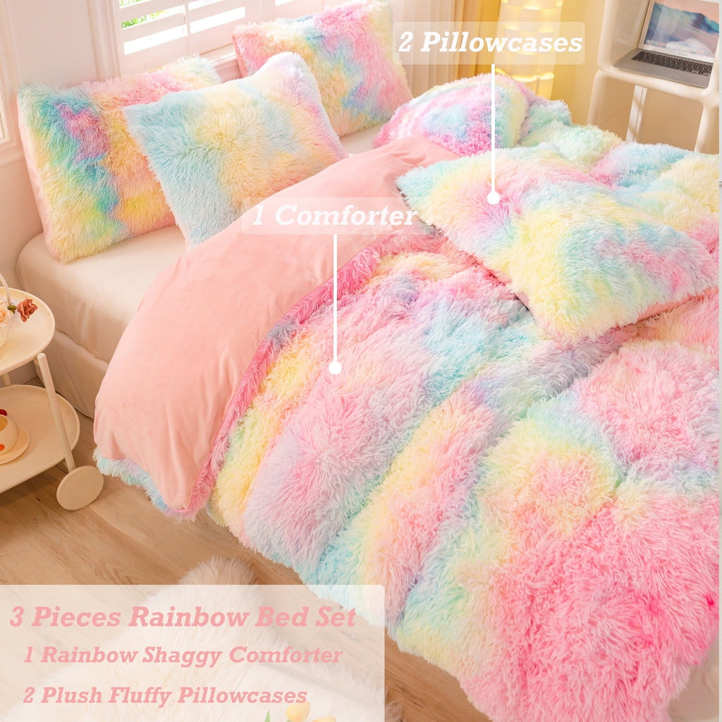 All-Season 3Pcs Pink Faux Fur Twin Comforter Set for Girls Tie Dye Rainbow Kid Bed Set Plush Shaggy Bedding Sets Fuzzy Bed Comfo... - All-Season Down Alternative Comforter Insert Detail