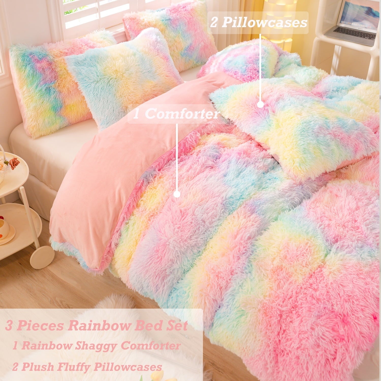 All-Season 3Pcs Pink Faux Fur Twin Comforter Set for Girls Tie Dye Rainbow Kid Bed Set Plush Shaggy Bedding Sets Fuzzy Bed Comfo... - All-Season Down Alternative Comforter Insert Detail