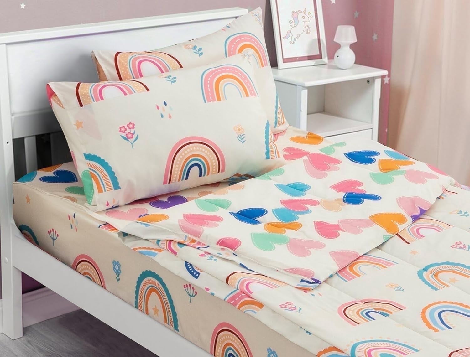Luxurious Quilted 3-Piece Kids Comforter Set Twin Zipper Bedding for Girls, Rainbow Comforter with Flower Pattern (Beige) - Luxurious Quilted Duvet Cover Set - Default Title