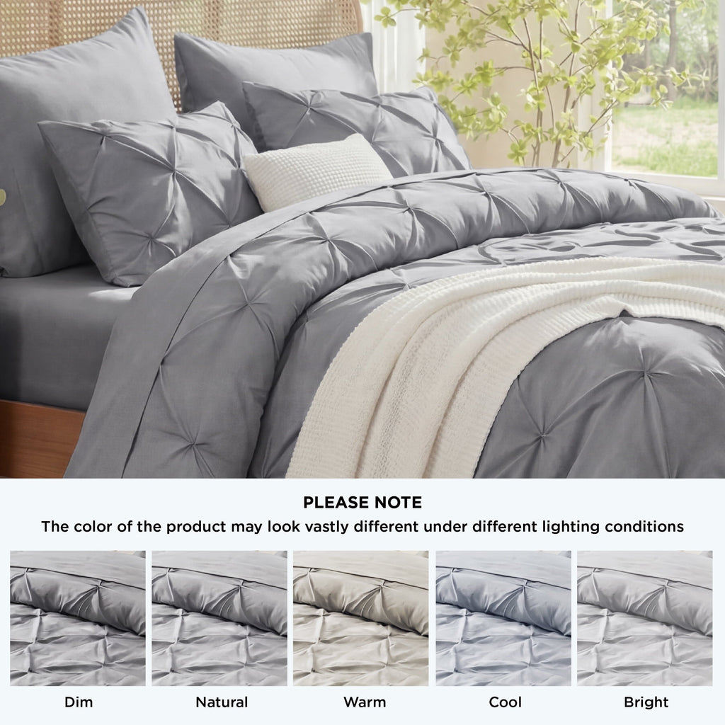 Hypoallergenic Cloud Queen Comforter Set Grey, Bed in a Bag Queen Size Bedding, 7 Pieces Pinch Pleat All Season Comforter - All-Season Down Alternative Comforter Insert Detail