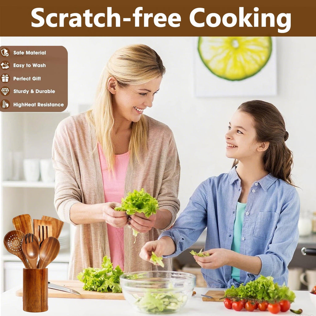 Premium Silicone Wooden Spoons for Cooking, 8 Pcs Natural Teak Wooden Utensils Set, Non-Stick & Heat Resistant Durable Wood ... - Premium Stainless Steel Cooking Utensil for Non-Stick Pots Detail