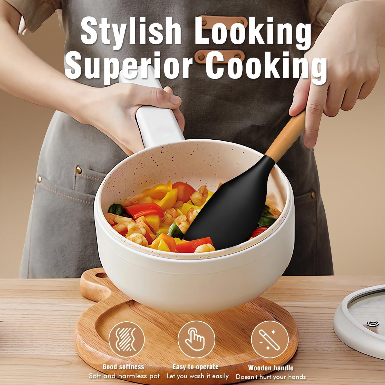 Premium Kitchen Silicone Cooking Utensils Set - Silicone Kitchen Utensils for Cooking Wooden Handles, 446°F Heat Resistant Kitchen Ut... - Kitchen Gadget Tool for Quick Food Prep Detail