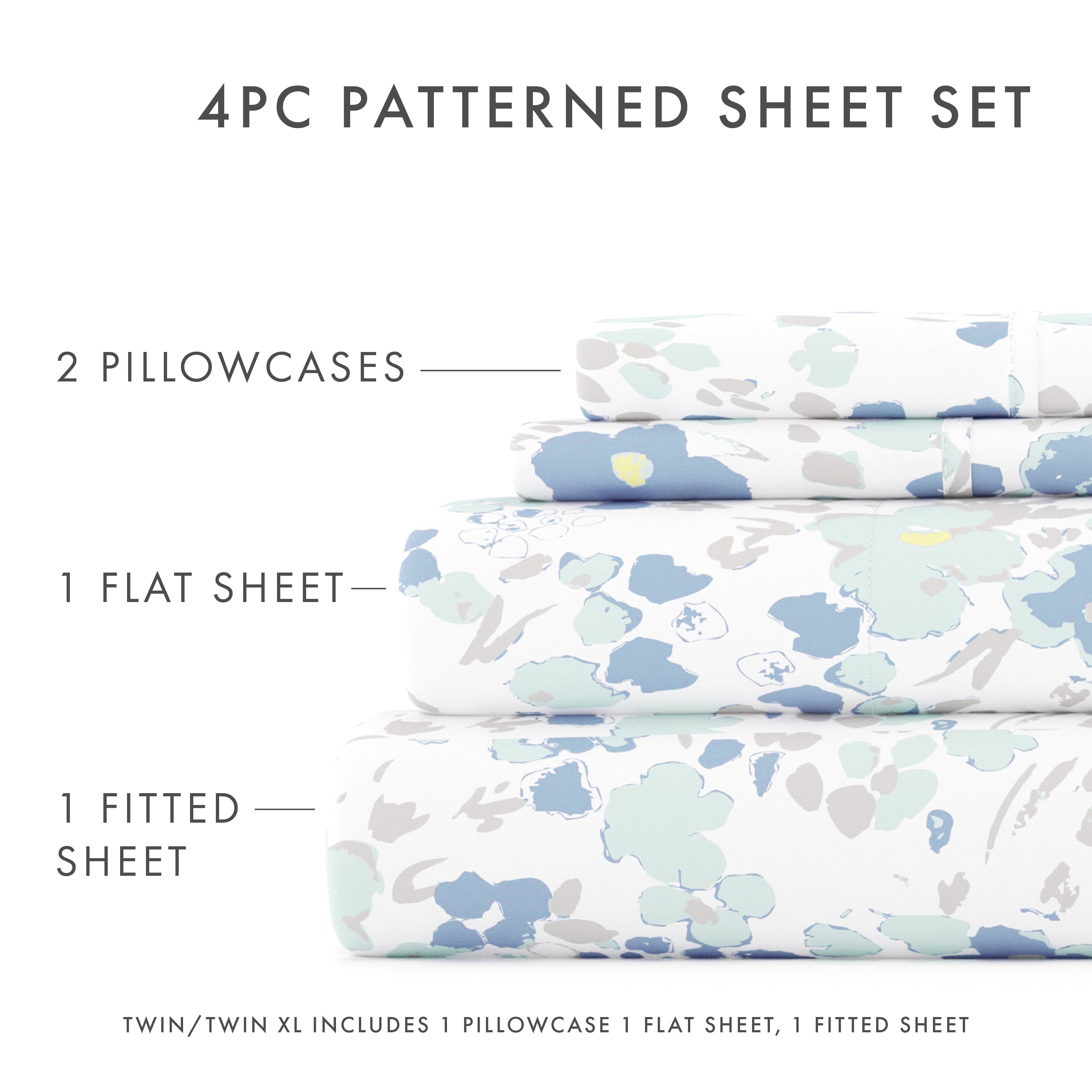 Cooling Sateen 4 Piece Pattern Microfiber Bed Sheets Set, Light Blue Violets, Full - Cooling Hotel Quality Bedding Sheets and Pillowcases Detail