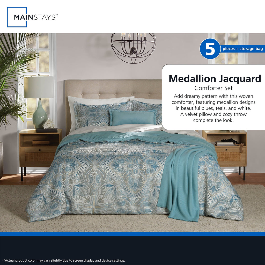 Heavyweight Warmth Full/Queen Comforter Set, All-Season, 5-Piece, Teal Jacquard Medallion - All-Season Down Alternative Comforter Insert Detail