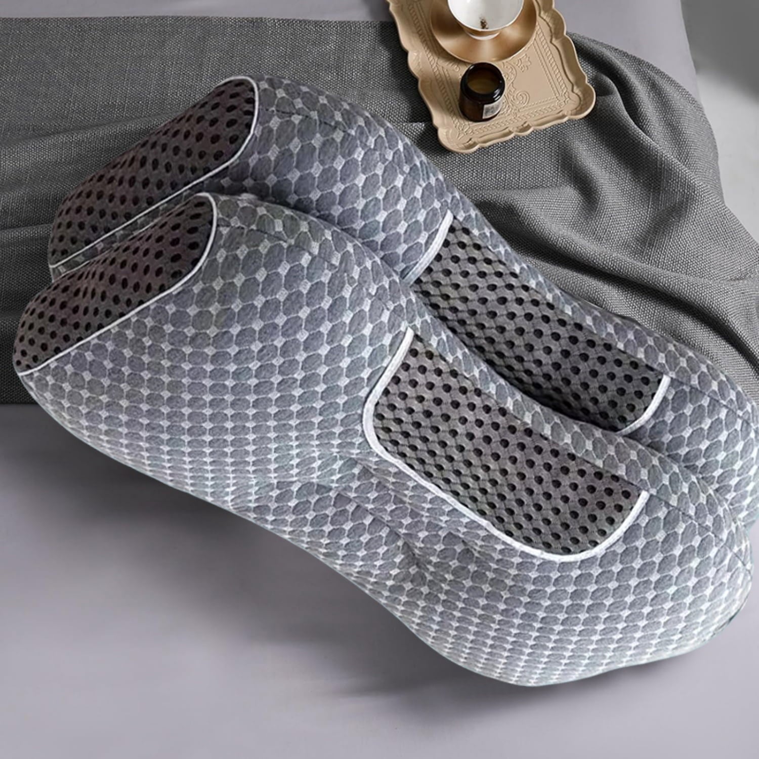 Orthopedic Support 2-Piece Set - 24"x15" Gray Bed for Back, Side, Stomach Sleepers - Ergonomic Memory Foam Pillow for Neck Pain Support Detail