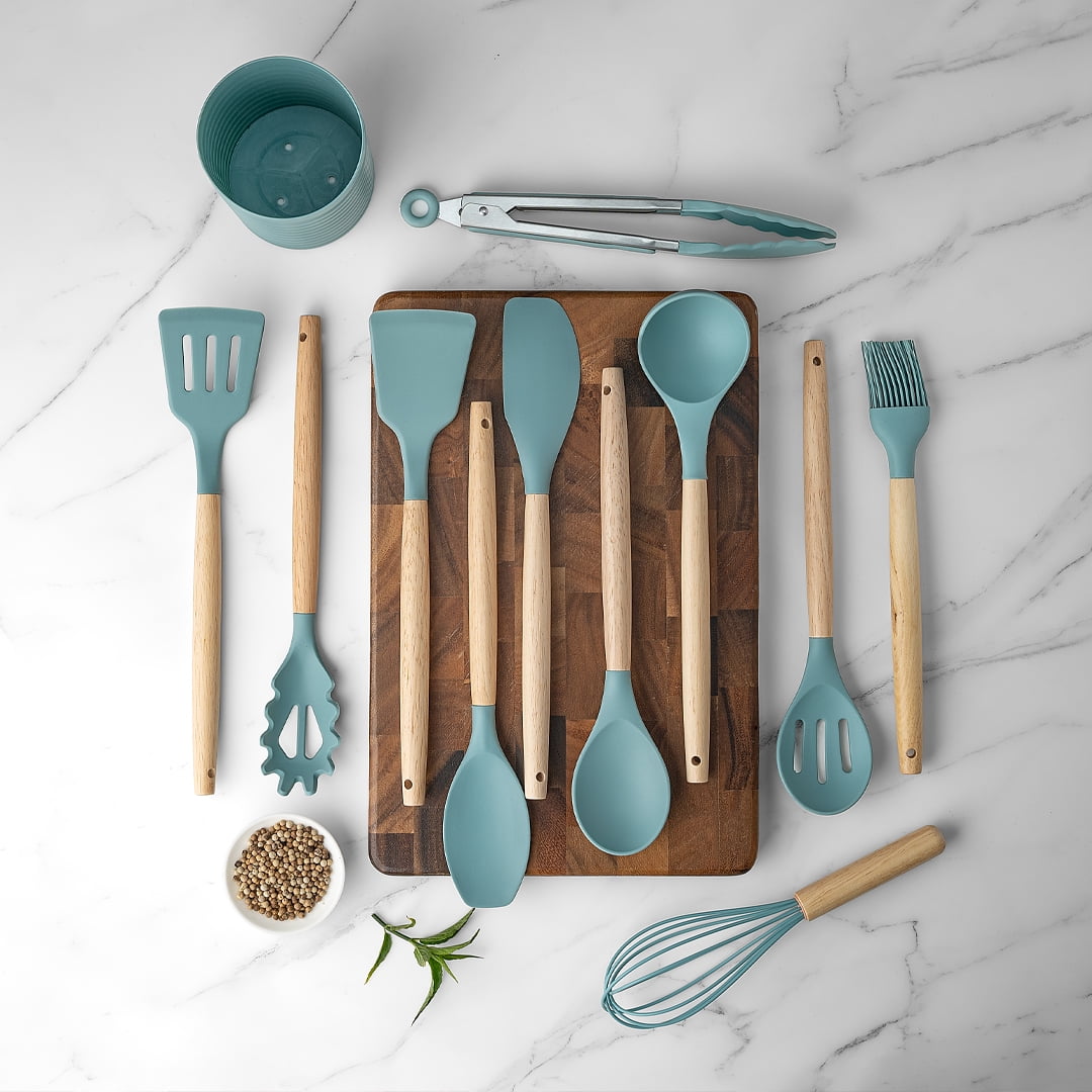 Ergonomic Cooking Small Silicone Cooking Utensils with Holder Set (12Pack), Aqua Kitchen Tools with Wooden Handle for Nonstick... - Durable Turner & Ladle Utensil Set for Home Chefs Detail