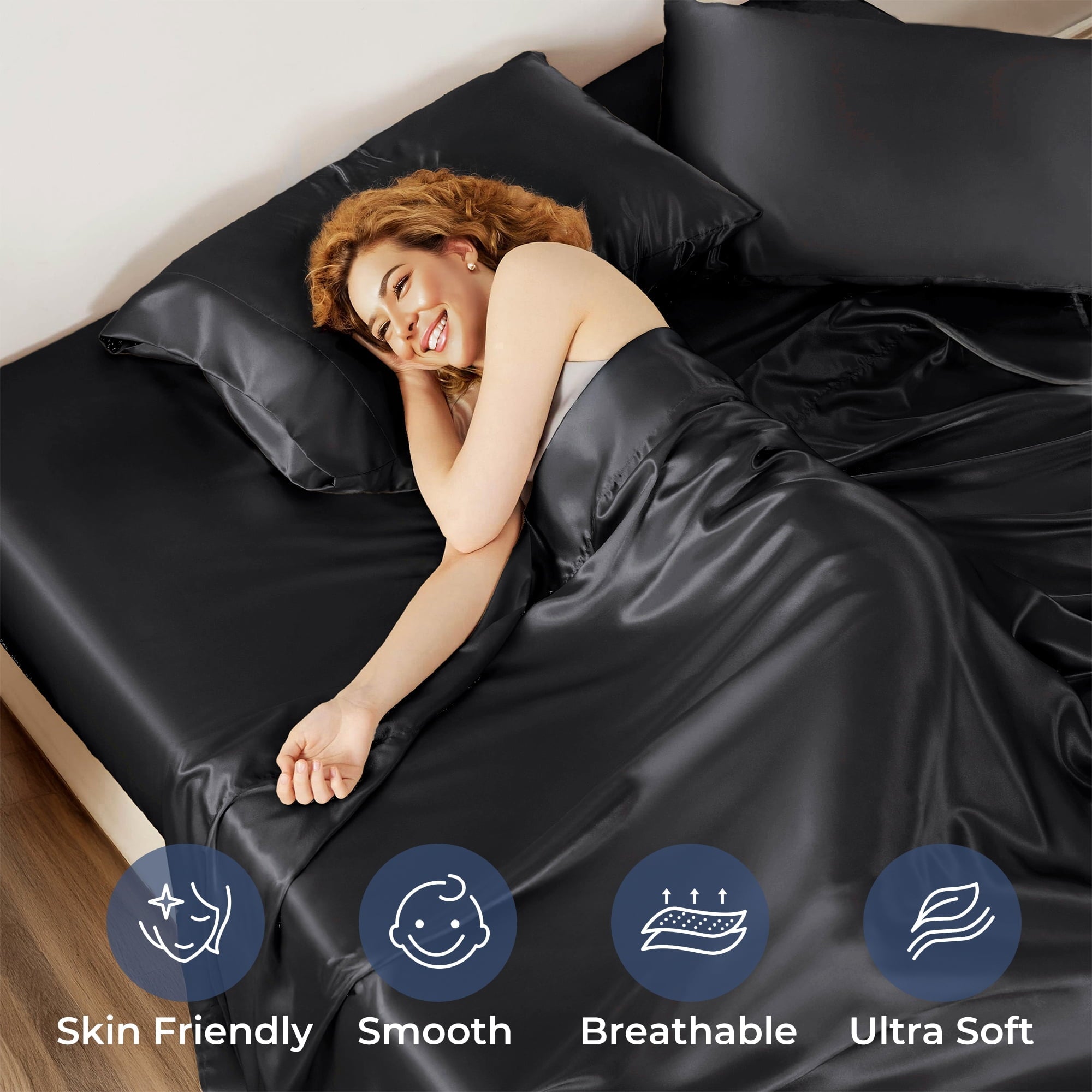 Wrinkle-Resistant Set, Queen, Silky Bed s, 4 Pieces,Black - Luxury Bed Sheet Set with Deep Pockets Detail