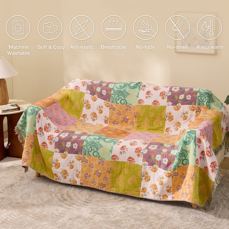 Cozy Fleece 100% Cotton Boho Blankets for Home Decor – Colorful Patchwork Reversible Farmhouse Quilt Bedding, Vintage Woven Decor... - Super Soft Reversible Sherpa Flannel Blanket Detail