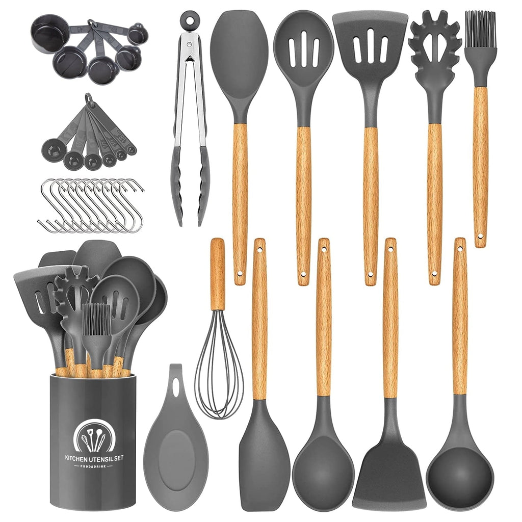 Heavy Duty Silicone Cooking Utensils Set, 446°F Heat Resistant Wooden Handle Cooking Kitchen Utensils Spatula Set with Holder fo... - Professional Kitchen Tool for Culinary Enthusiasts - Default Title