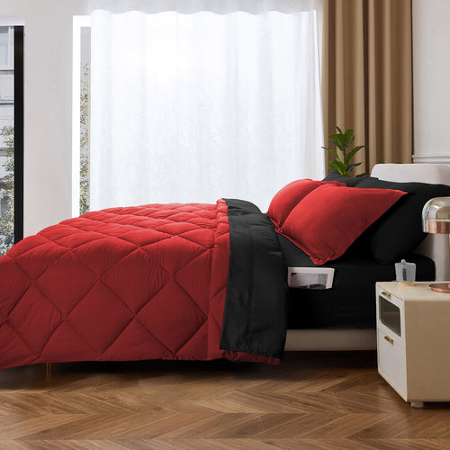 All-Season 7 Piece Reversible Queen Comforter Set - Red Quilted Down Alternative Bedding All Season Super Soft Microfiber Bed in... - Luxurious Quilted Duvet Cover Set - Default Title