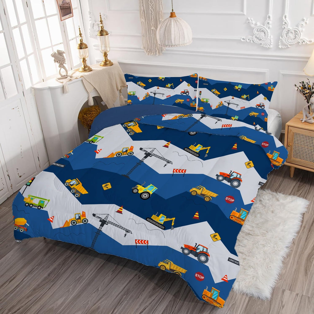 Heavyweight Warmth Car Comforter Set Construction Bedding Set for Boys Kids Trucks Comforter Cartoon Car Excavator Tractor Blue 3Pcs Twin - All-Season Down Alternative Comforter Insert Detail