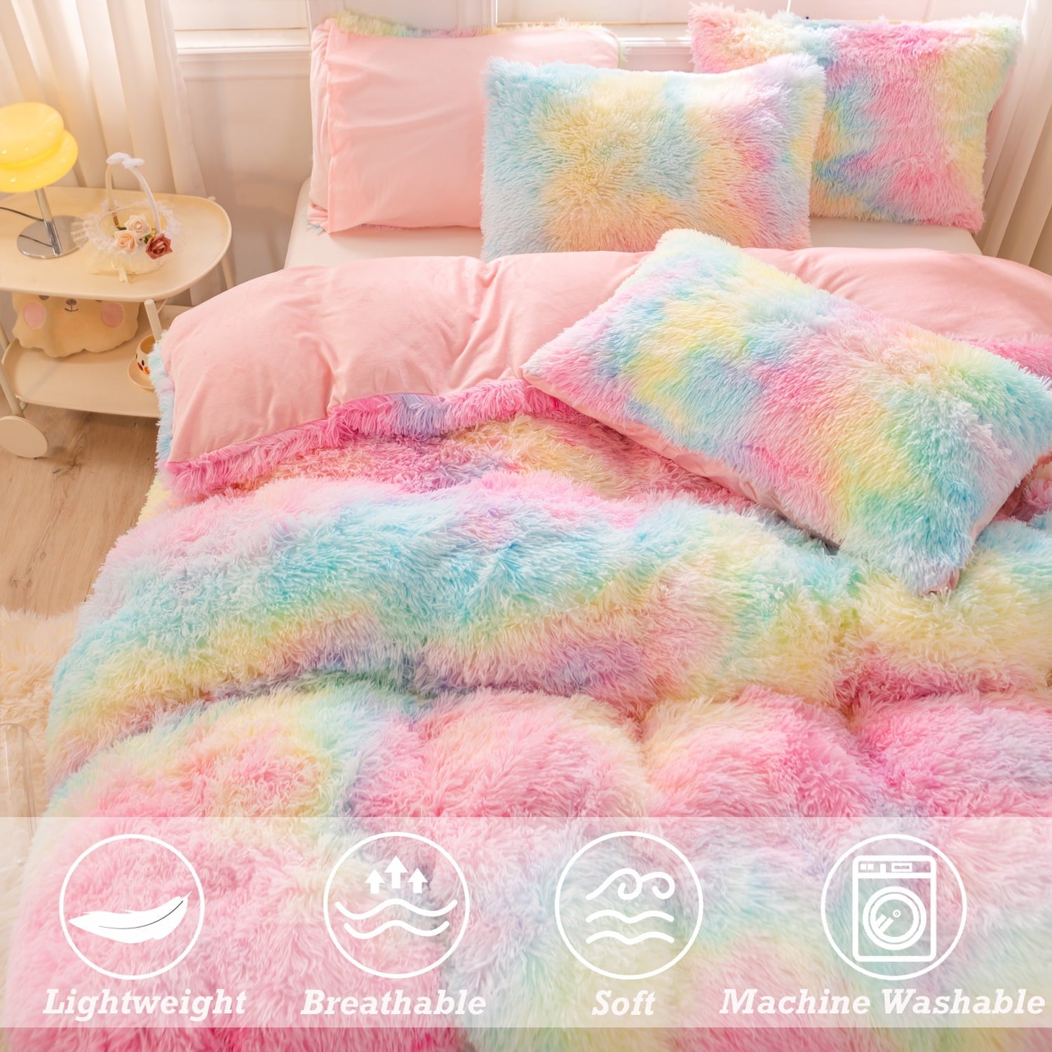 All-Season 3Pcs Pink Faux Fur Twin Comforter Set for Girls Tie Dye Rainbow Kid Bed Set Plush Shaggy Bedding Sets Fuzzy Bed Comfo... - All-Season Down Alternative Comforter Insert Detail