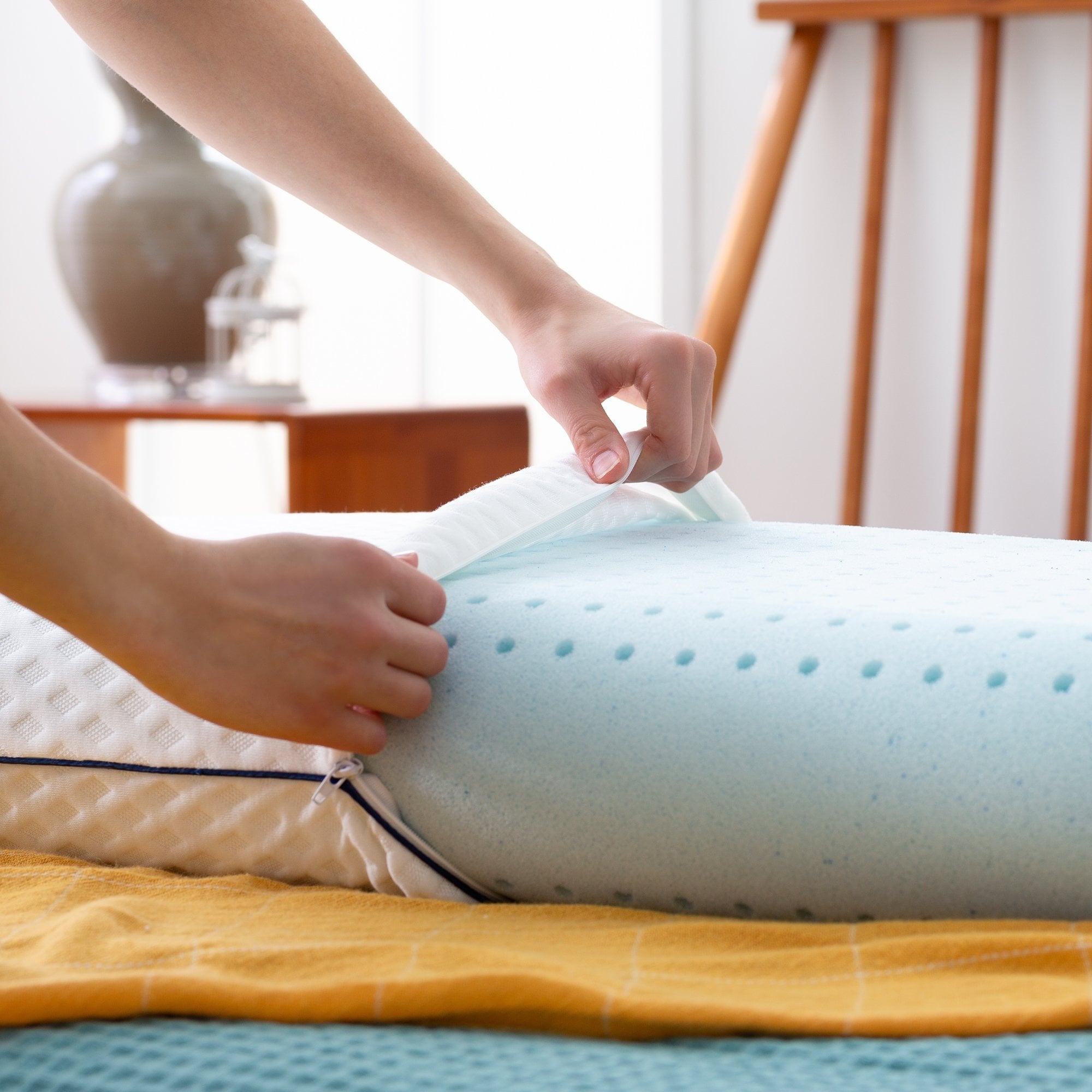 Ergonomic Memory Foam Medium Feel Standard Size Ventilated Gel Memory Foam Bed Pillow with Washable Cover and Temperature Regulating Infusion - Hotel Quality Plush Sleeping Pillows Detail