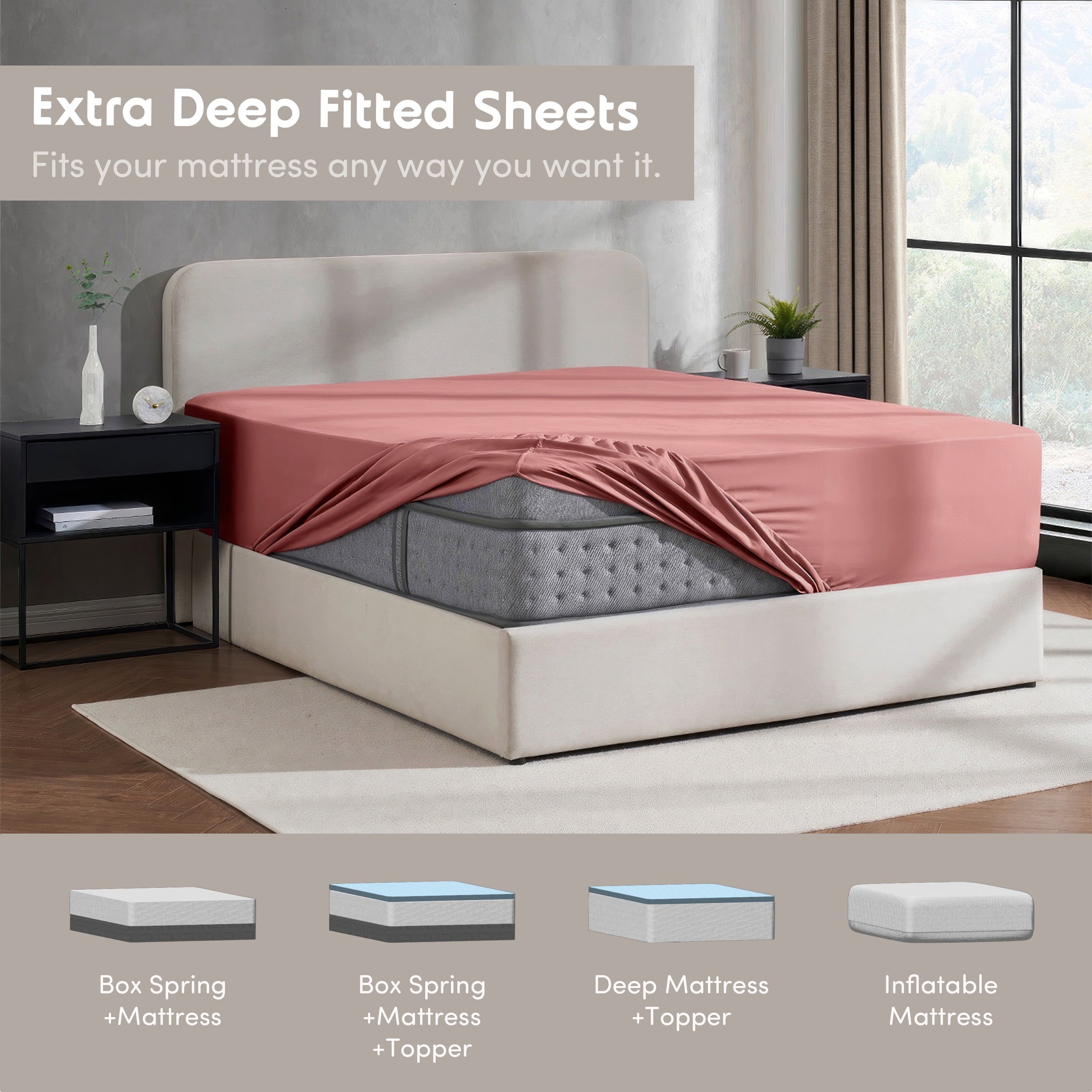 Cooling Sateen Extra Deep Pocket Twin XL Fitted Sheet Only, Fits 18" to 24" Mattress, Soft Microfiber Fitted Bed Sheet, Pink Clay - Luxury Bed Sheet Set with Deep Pockets Detail