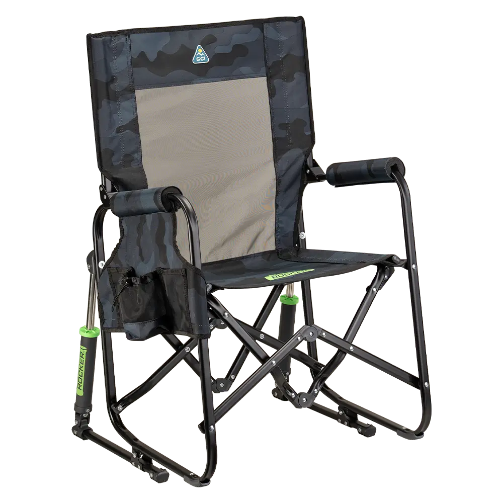 Patented Spring-Action Stowaway Rocker - Choice 794 - Heavy-Duty Kickback Rocker with Beverage Holder - Stealth Camo