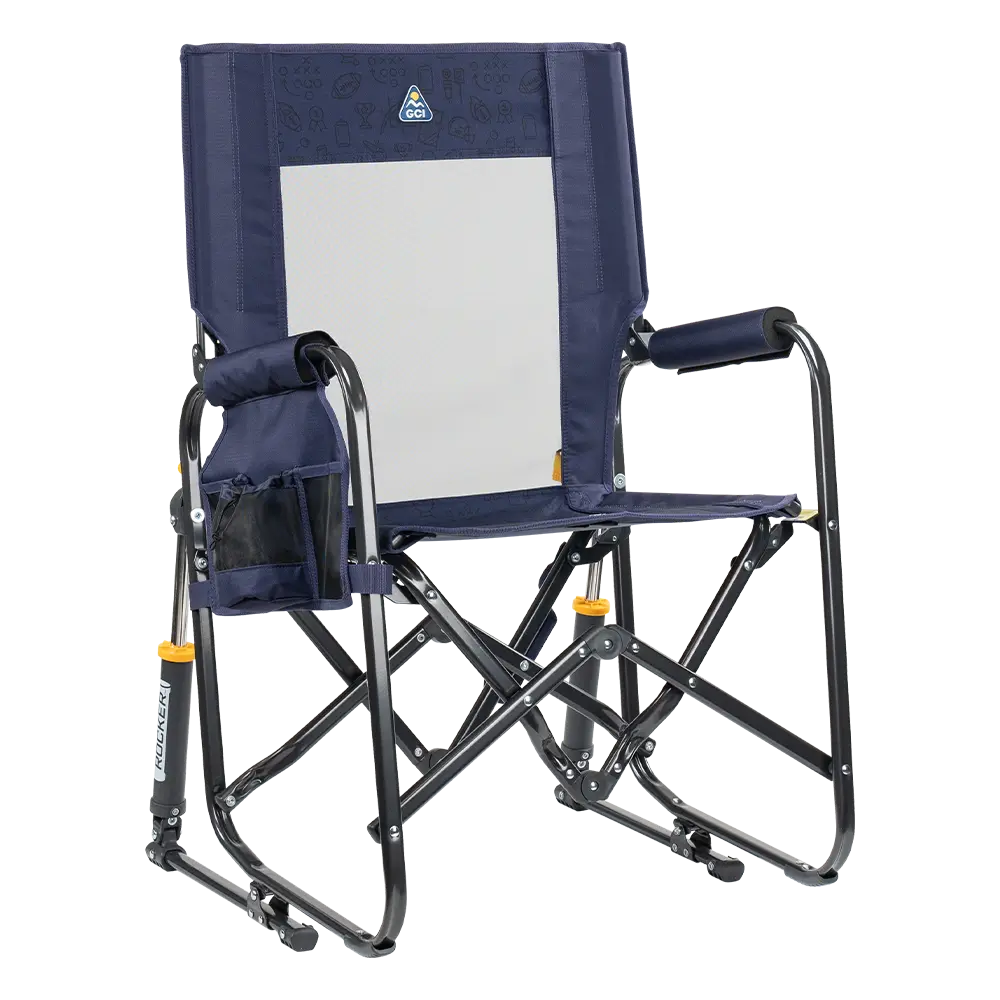 Patented Spring-Action Stowaway Rocker - Choice 794 - Heavy-Duty Kickback Rocker with Beverage Holder - Tailgater Rich Blue