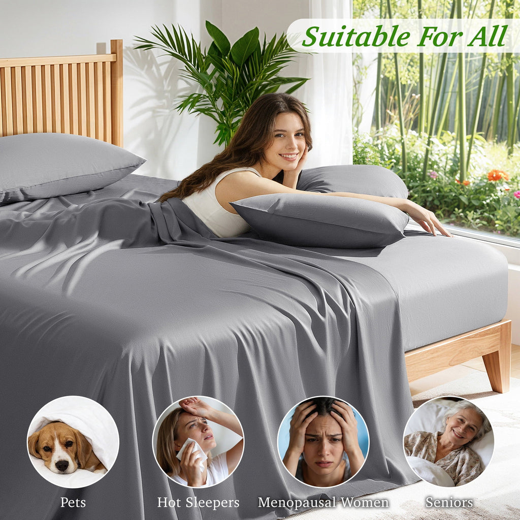 Wrinkle-Resistant Bamboo Queen Sheet Set, Luxury Soft 4 Pieces Bed Sheets with 18" Deep Pocket, Gray - Premium Ultra-Soft Pillowcase Pair for Sleeping Detail