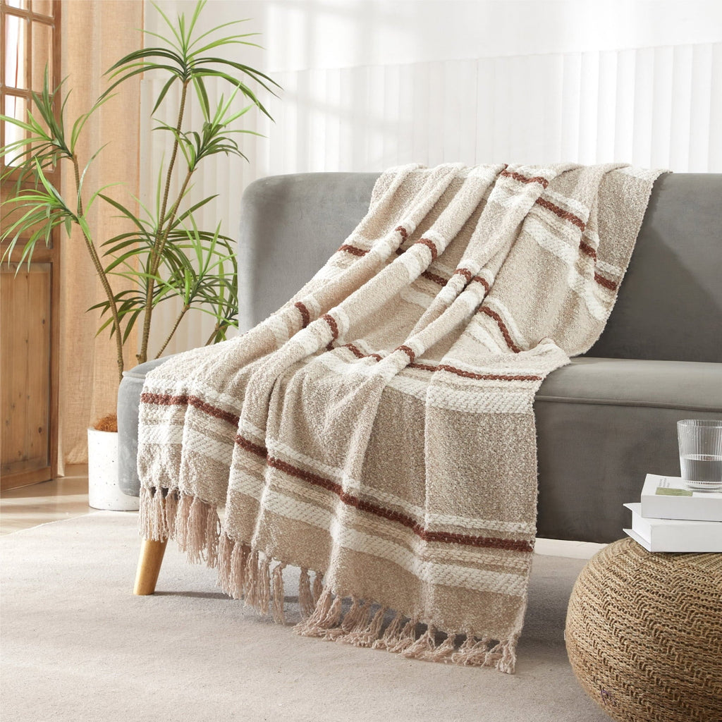 Super Soft Flannel 60" x 50" Cozy Striped Porcini Chenille Throw - Cozy Fleece Throw Blanket for Couch & Bed Detail