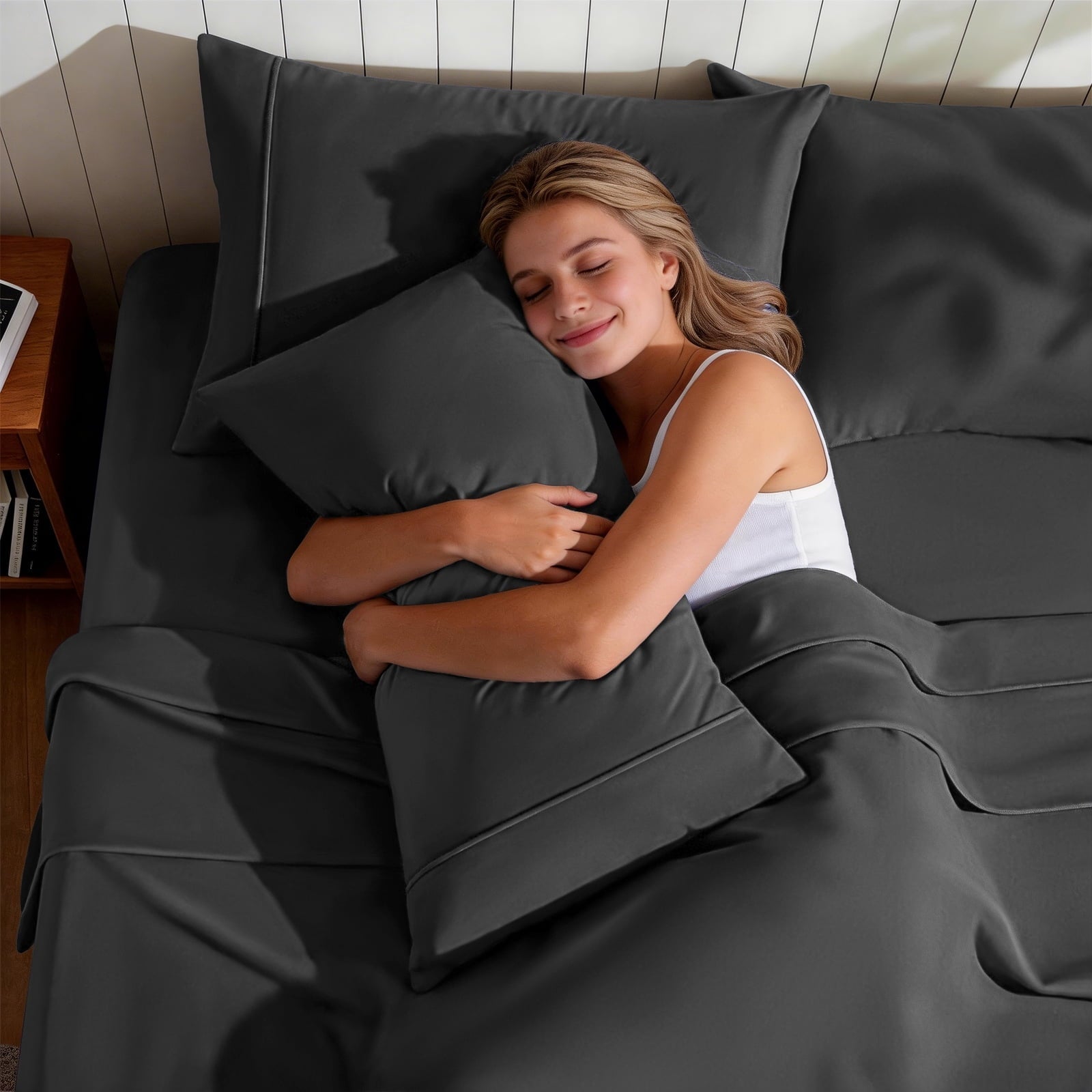 Breathable Luxury Sheets,Soft Hotel Luxury Polyester Washed Cotton,4 Piece Sheets Set,with 14" Deep Pocket,Dark Gray - Luxury Bed Sheet Set with Deep Pockets Detail