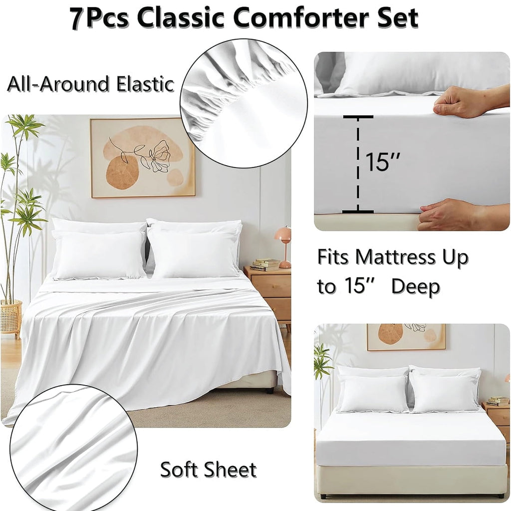 Luxurious Quilted Comforter Set 7-Piece Bed in a Bag - Adult, White, Queen - Cloud-Like Soft Lightweight Bed Comforter Detail