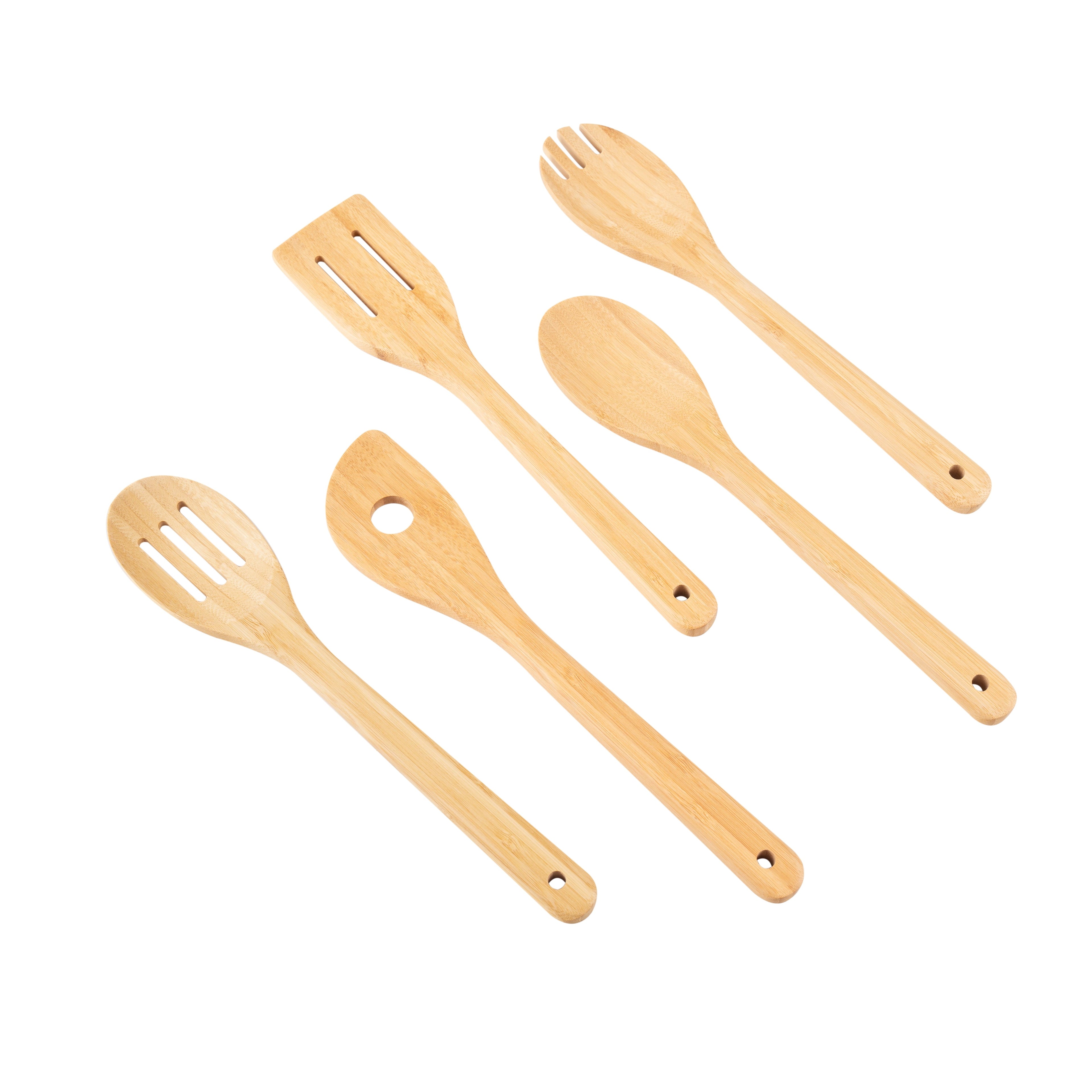 Heat-Resistant 5pk Bamboo Spoons for Cooking, Kitchen Essential Tools Set - Durable Turner & Ladle Utensil Set for Home Chefs Detail
