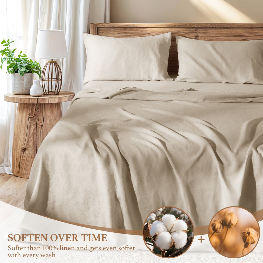Ultra-Soft Natural Linen Cotton Bed Sheets Set, Deep Pocket - Breathable - Durable - 4 Pieces (Linen, Queen) - Premium Ultra-Soft Pillowcase Pair for Sleeping Detail